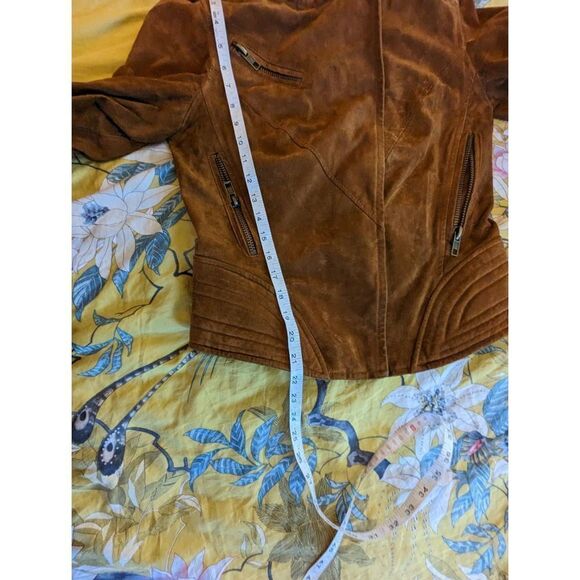 BLANC NYC real tan suede moto jacket asymmetrical zip crop sz small euc - Picture 7 of 8